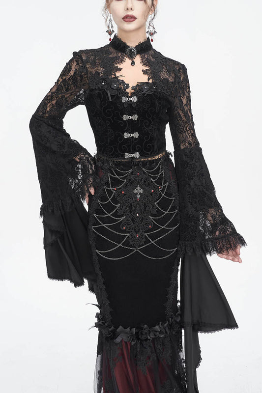 Women's Dark Blouse with Flared Sleeves and Lace Trim