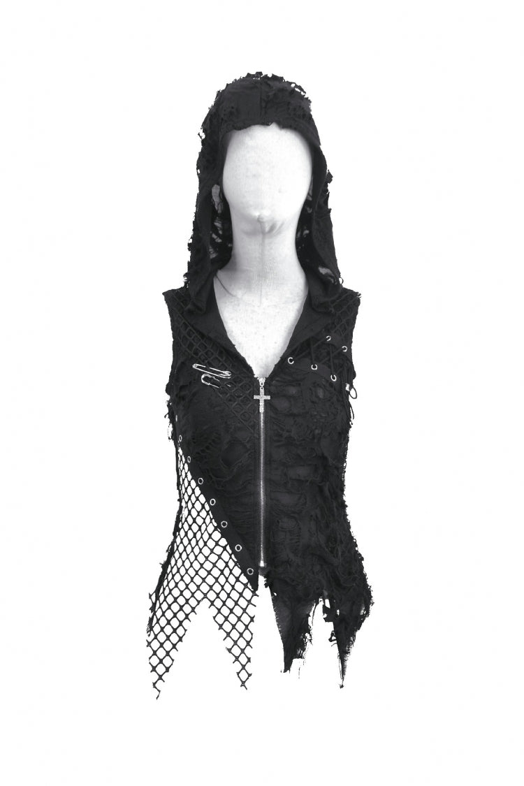 Hooded Punk Top with Ripped Mesh and Eyelets