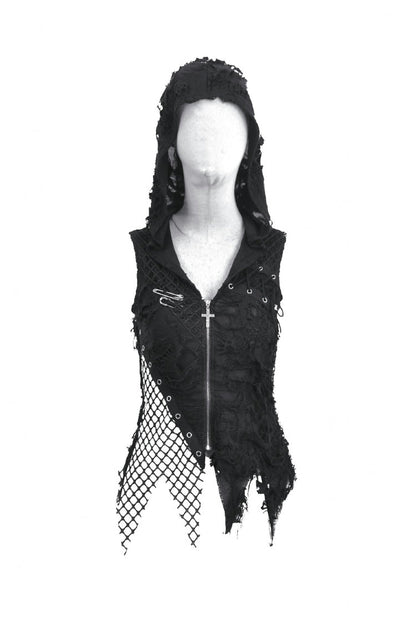 Hooded Punk Top with Ripped Mesh and Eyelets