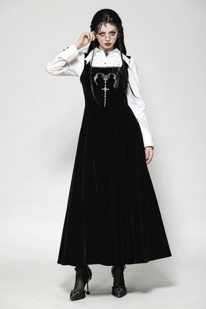 Gothic Women's Velvet Maxi Dress with Embroidered Horns and Lace-Up Back