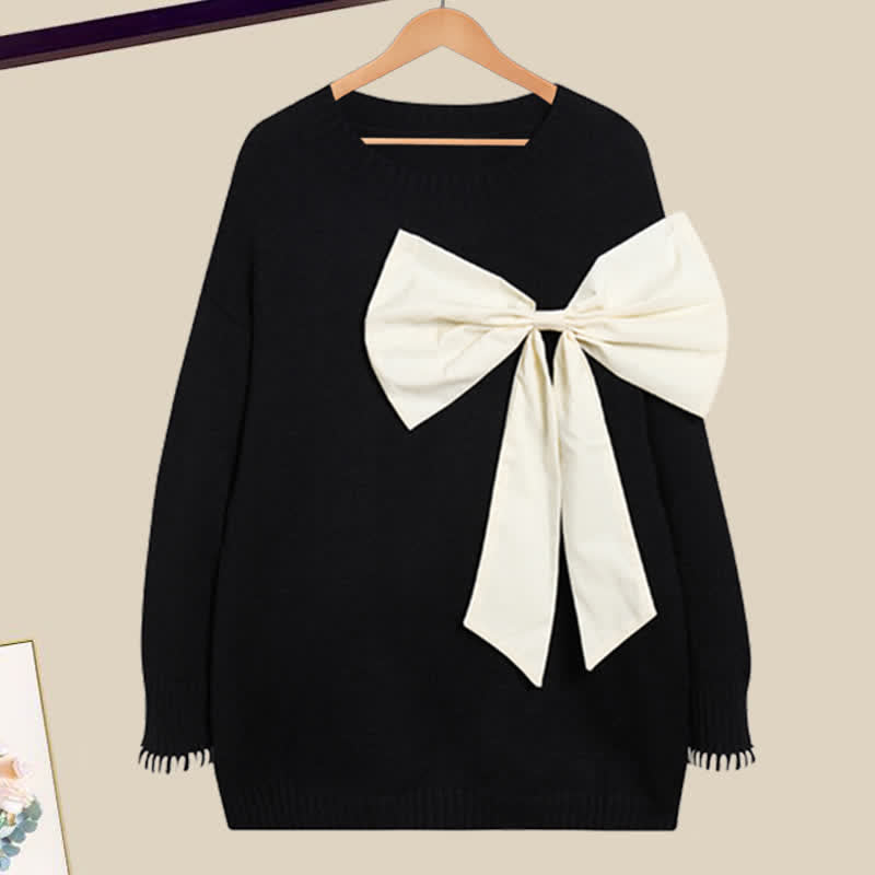 Bow Black Sweater Denim Pants Set Decor Knit