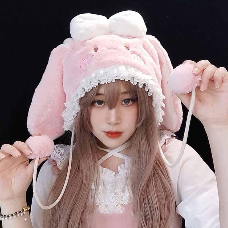 Pink Bowknot Decor Lolita Bunny Ears Plush Hat