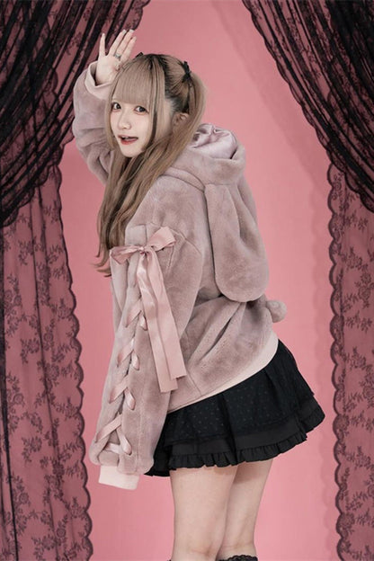 Pink Rabbit Ear Bow Lace-Up Hooded Coat