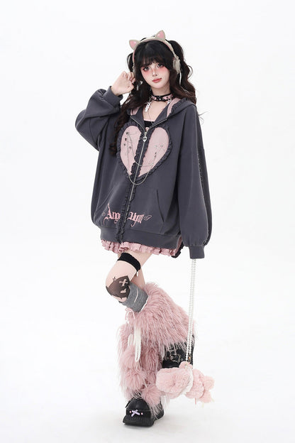 Striped Bunny Ear Hooded Heart Print Embroidery Coat Two Colors
