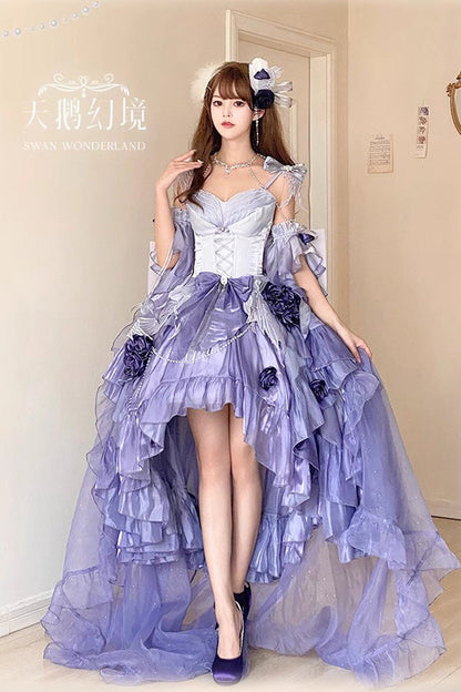Misty Purple Sweet Ballet Lolita Swan Wonderland Embroidery Lace-Up Asymmetric JSK Dress