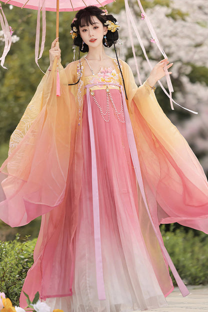 Tang Dynasty Inspired Embroidered High-Waist Hanfu Ensemble in Yellow and Pink