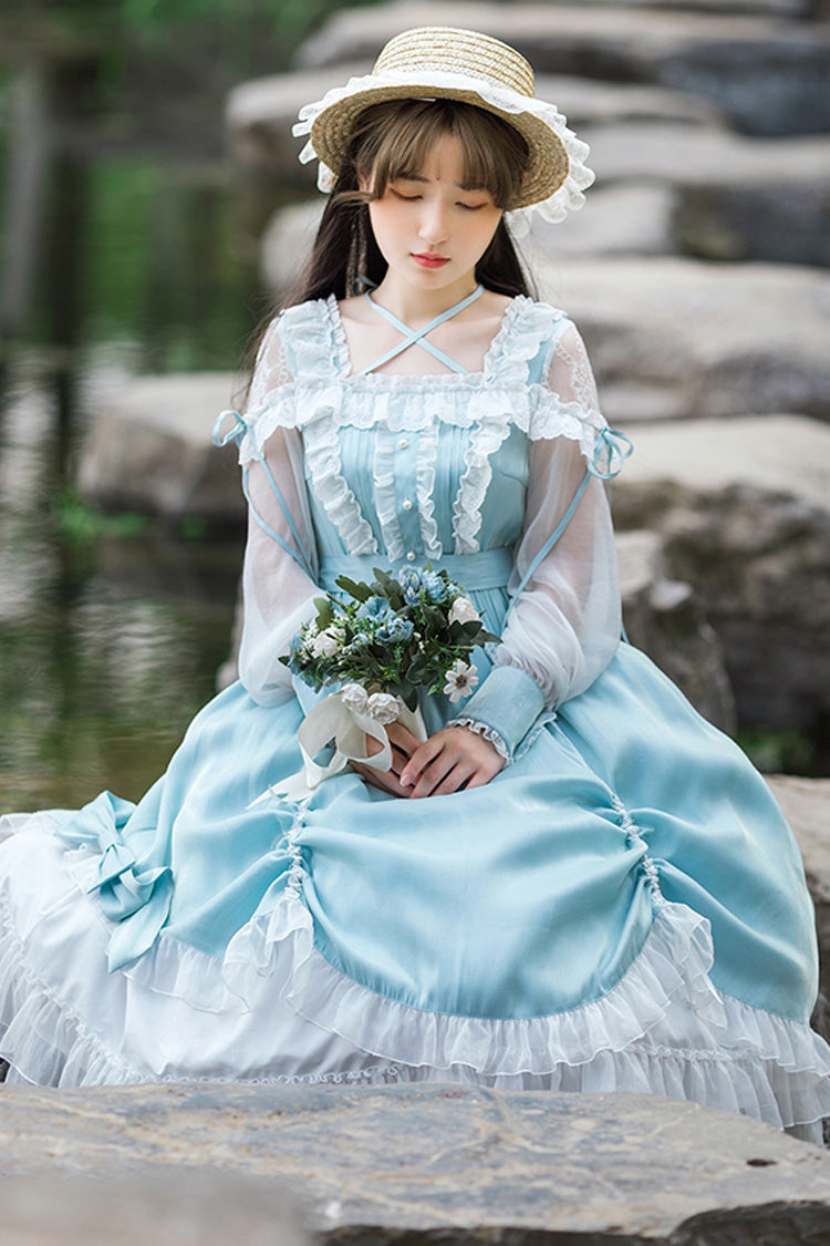 Blue Hanayome Sweet Lolita OP Dress with Lace and Ruffled Sleeves