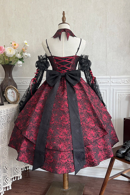 Weeping Rose Jacquard Lolita Dress with Lace-Up Cardigan - Noir