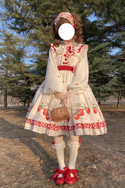 White Strawberry Printed Ruffled Bow-Trim Sweet Lolita Dress Set