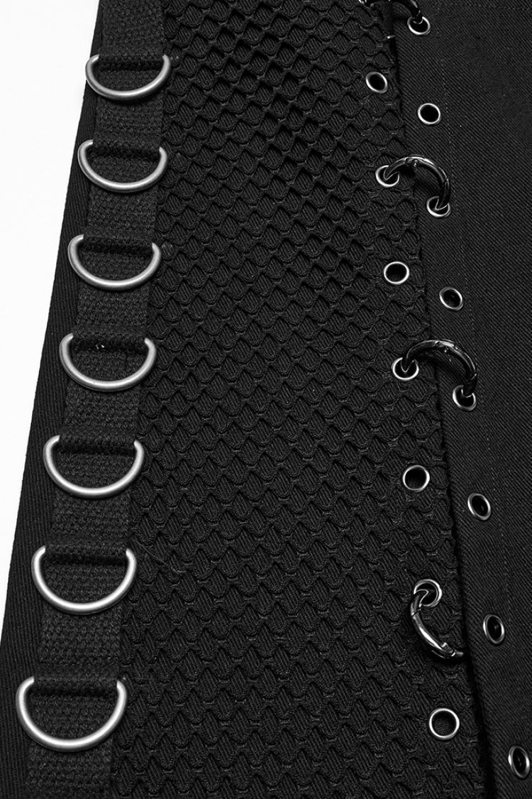 Gothic Men's Kilt with Faux Leather Stitching Lace-Up and Irregular Mesh