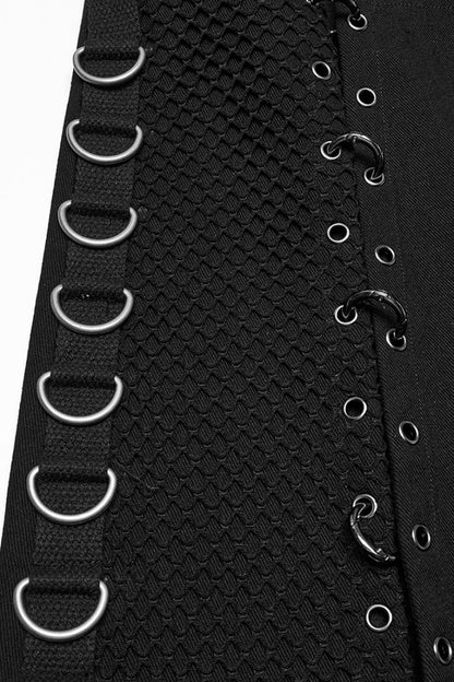 Gothic Men's Kilt with Faux Leather Stitching Lace-Up and Irregular Mesh