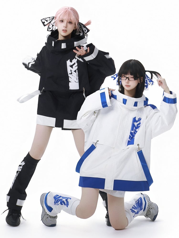 Blue and White Jirai Kei Techwear Straps Hooded Windbreaker Jacket