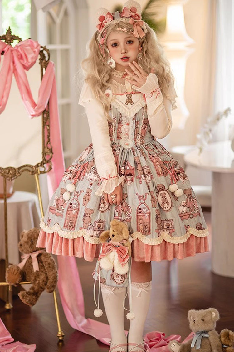 Pink/Green Sweet Lolita Bear Doll Print Ruffle Embroidery JSK Dress