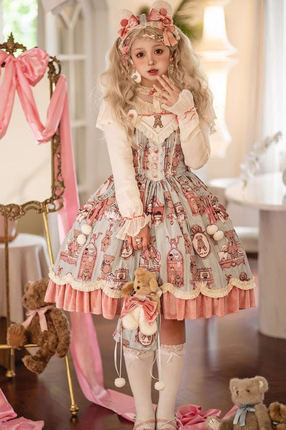 Pink/Green Sweet Lolita Bear Doll Print Ruffle Embroidery JSK Dress