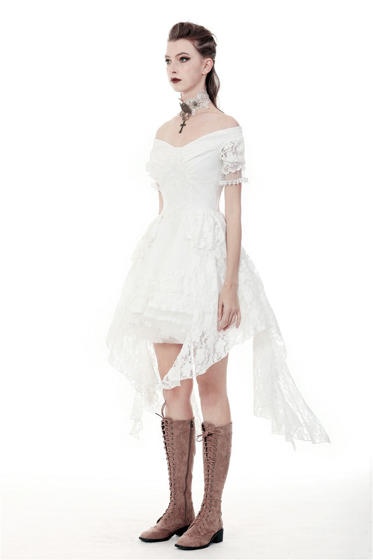Ivory Off-Shoulder Lace Short Sleeve Steampunk Wedding Dress