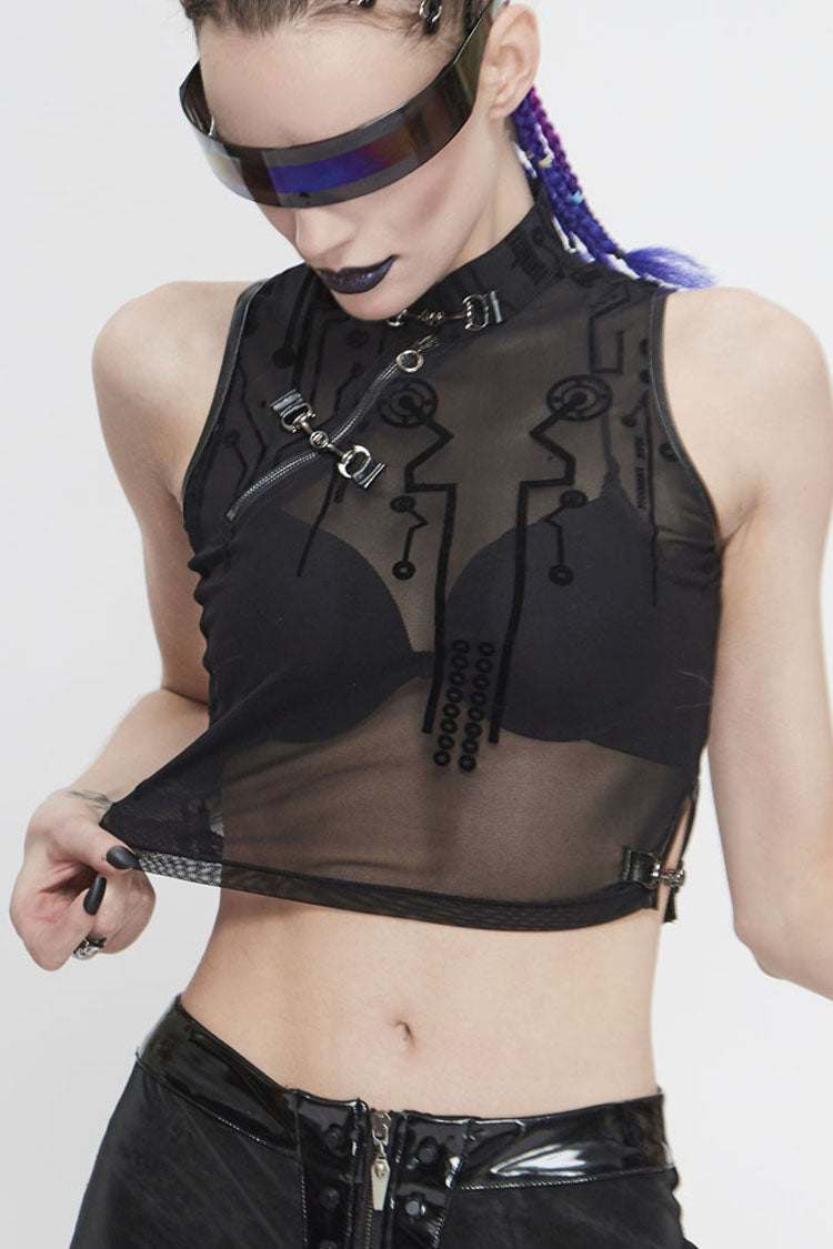 Women's Punk Vest with Flocked Mesh and Metal Details