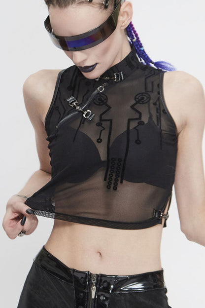 Women's Punk Vest with Flocked Mesh and Metal Details
