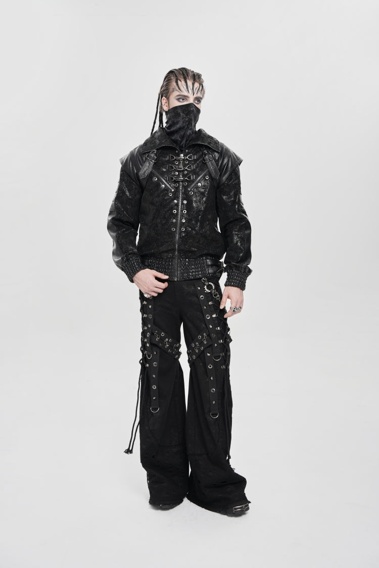 Men's Punk Coat with Buckle Zipper Straps and Stitched Black Faux Leather