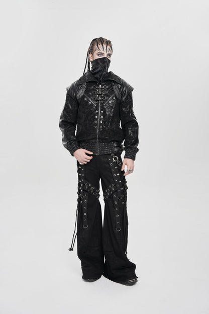 Men's Punk Coat with Buckle Zipper Straps and Stitched Black Faux Leather