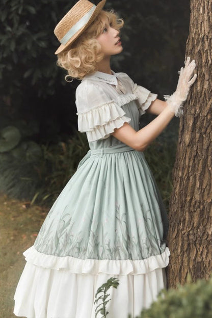 White and Green Lapel-Collar Wizard Of Oz Short-Sleeved Ruffled Bow-Trim Sweet Lolita Dress