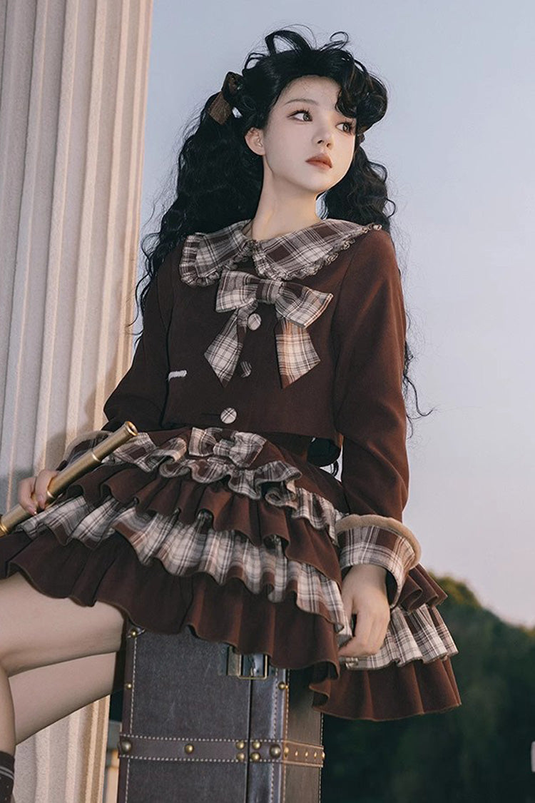 Dark Brown Multi-Layer Bowknot College Style Autumn Winter Princess Sweet Lolita Set