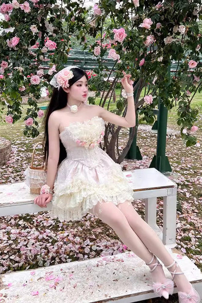 Pink Floral Love Ruffle Bow Lace Elegant Lolita Dress Set