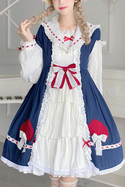 Blue OP Dress Sweet Lolita Round Collar Bowknot Long Sleeves - Altfashion Shop