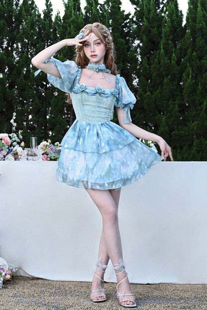 Blue Square Collar Short Puff Sleeve Multi-Layer Print Ruffle Bow Tie-Dye Sweet Princess Lolita Dress