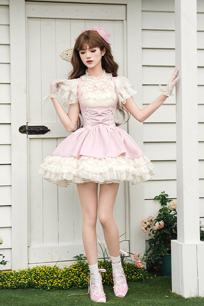 Pink Multi-Tier Ruffle Bow Lace-Up Sweet Lolita Corset Gown - Love Diary