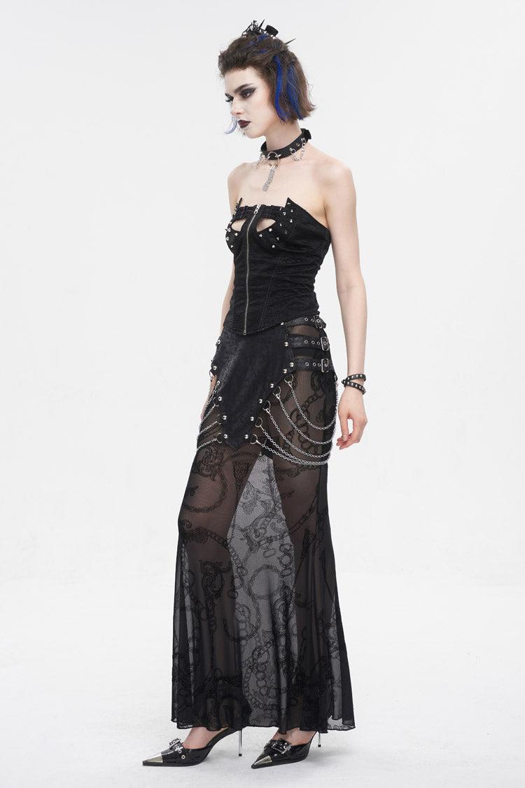 Gothic Fishtail Skirt with Sheer Panels and Chain Accents