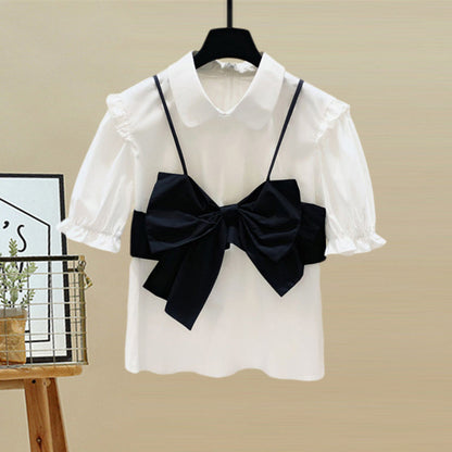 High Ruffled Set Bow T-Shirt Knot Skirt Waist