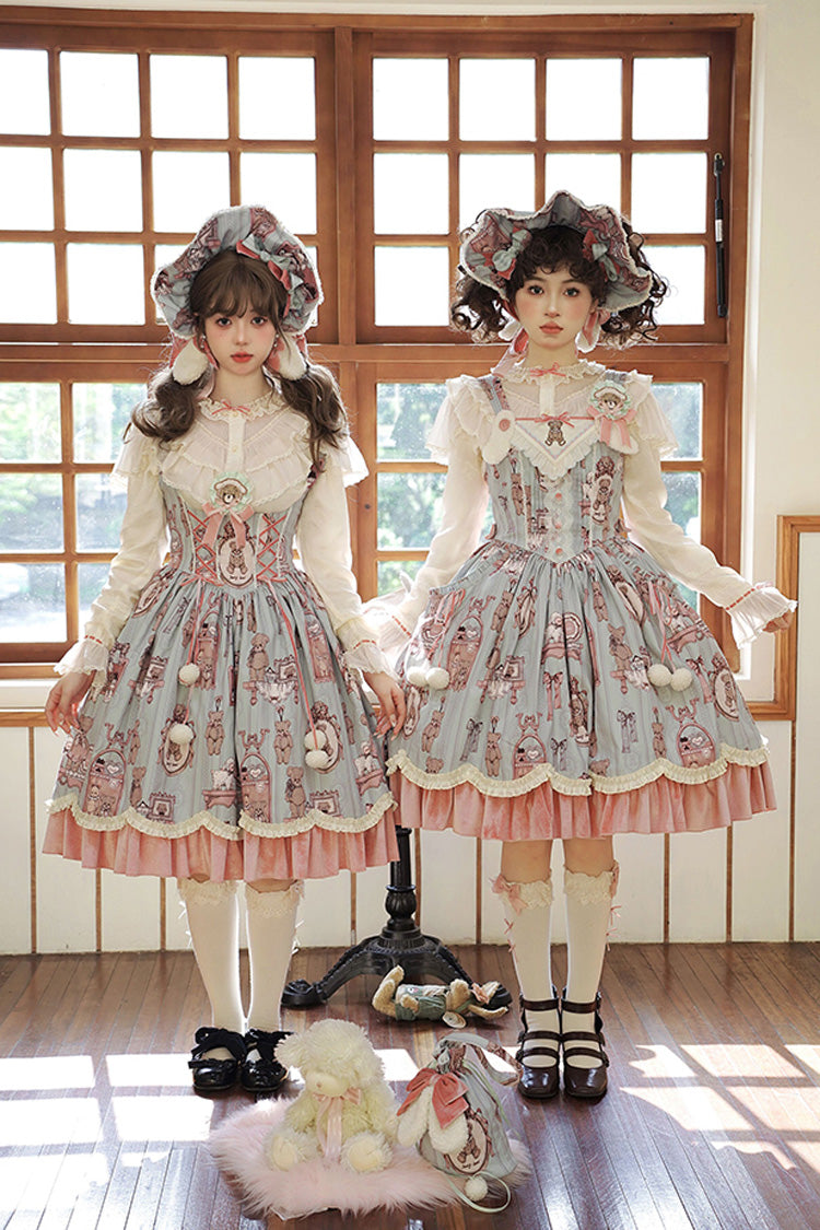 Pink/Green Sweet Lolita Bear Doll Print Ruffle Embroidery JSK Dress