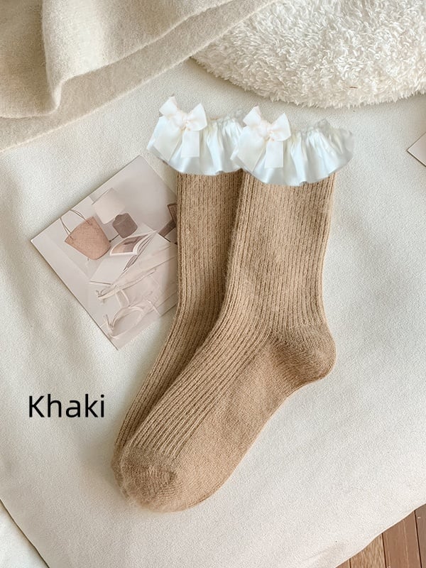 Coffee Sweet Bowknot Ruffled Cuff Calf Socks