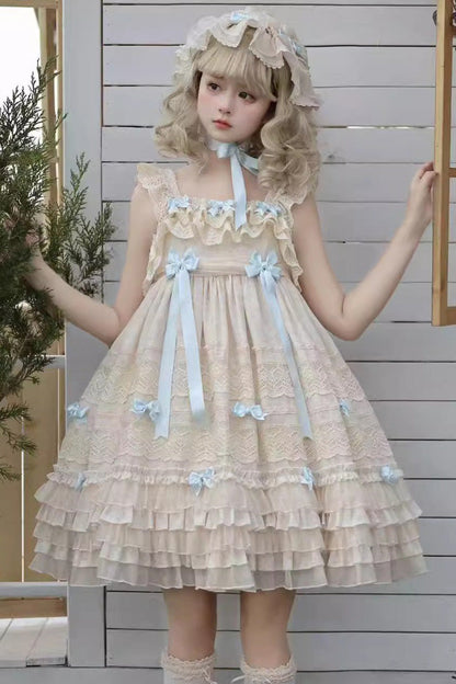 Little Wind Chime Sleeveless Multi-Layered Printed Ruffled Bow Lace Sweet Elegant Princess Lolita JSK Dress in Beige