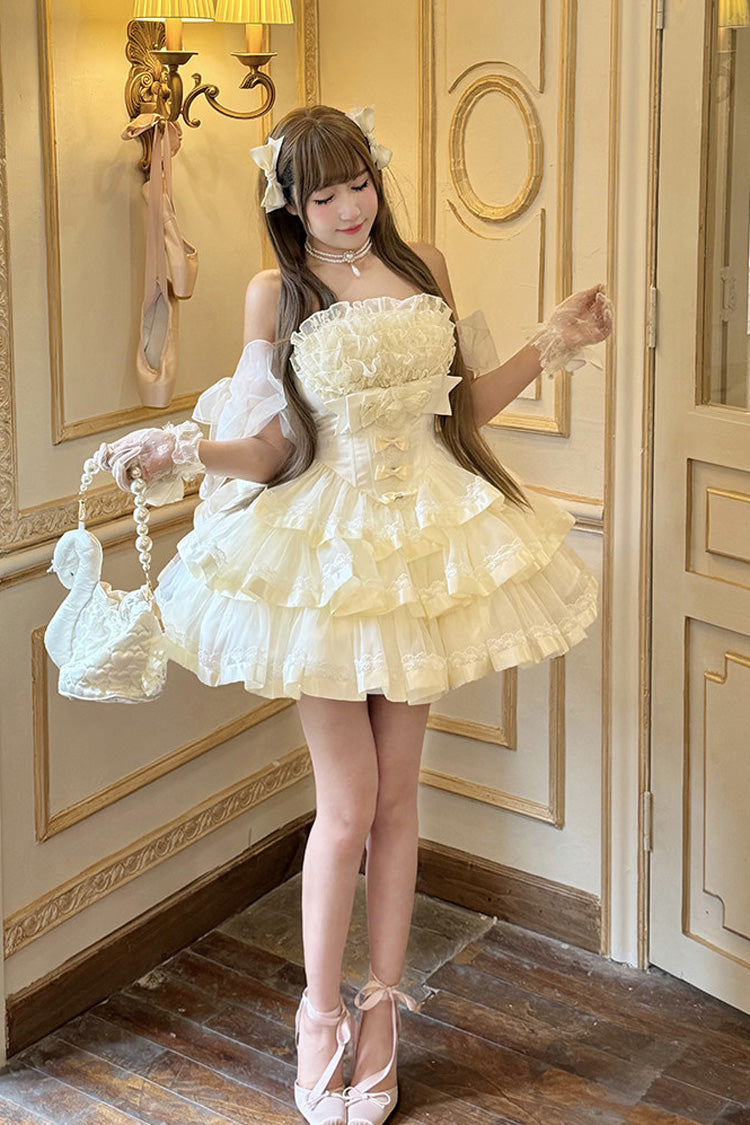 Mousse Love Song Off-Shoulder Sleeveless Triple-Layered Ruffled Hanayome Bow Sweet Elegant Ballet Lolita Short Dress Set in Beige