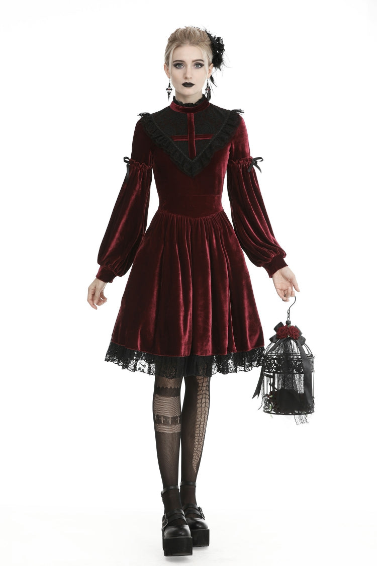Vintage Long Sleeve Lace Collar Cross Gothic Velvet Dress for Women