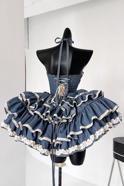 Halterneck Sleeveless Triple-Ruffle Laced JSK with Bow