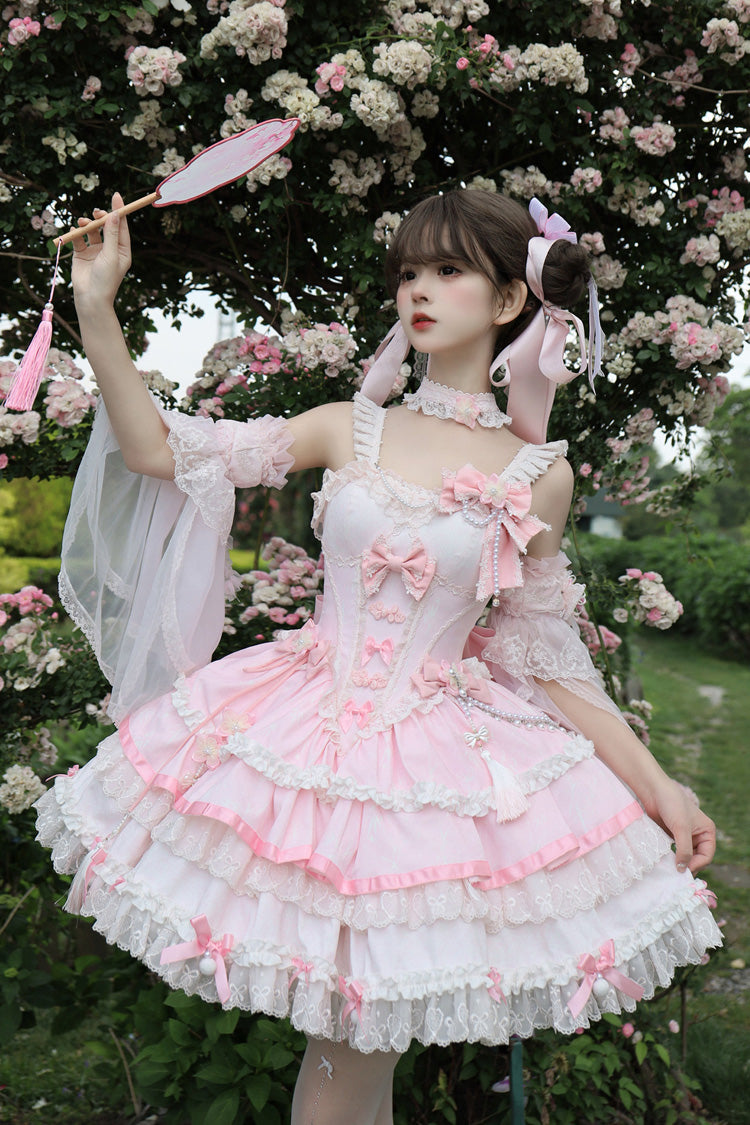 Rose Cherry Prelude Square Neck Sleeveless Layered Ruffled Bow Lace Embellished JSK Gown