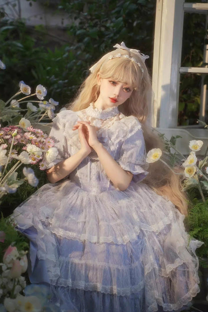 Purple Jacquard Bowknot OP Dress - Sweet Elegant Lolita