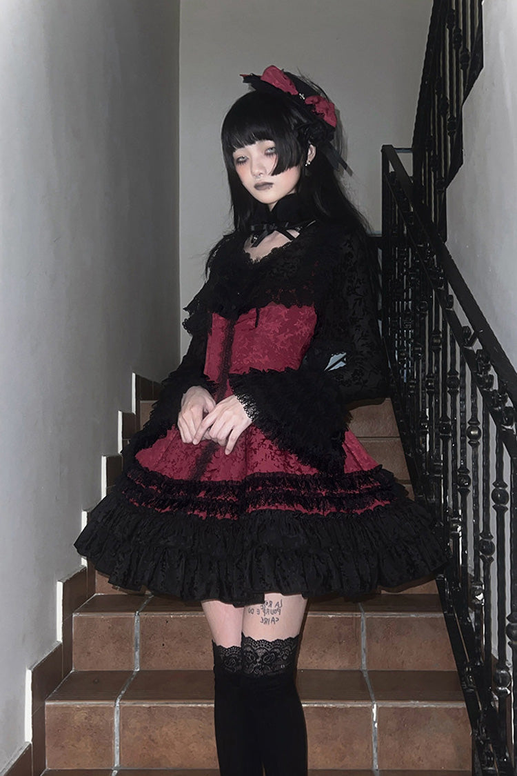Double-Layered Striped Printed Gothic Jumper Dress with Jacquard Ruffles - Escape