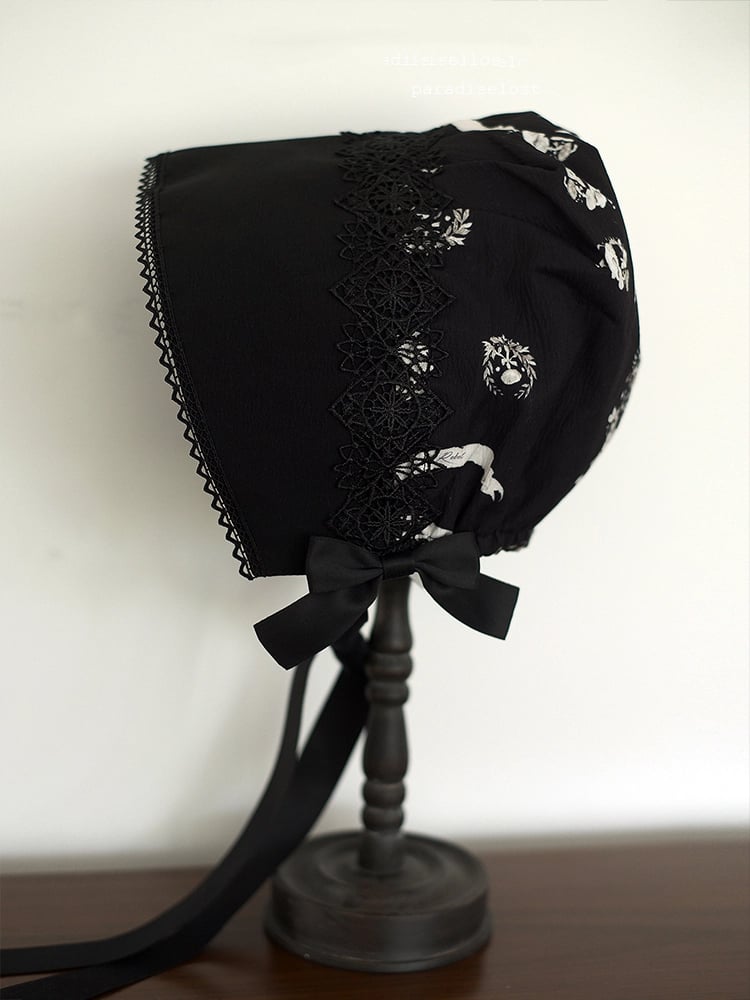 Bunny Print Black Dark Lolita Bonnet