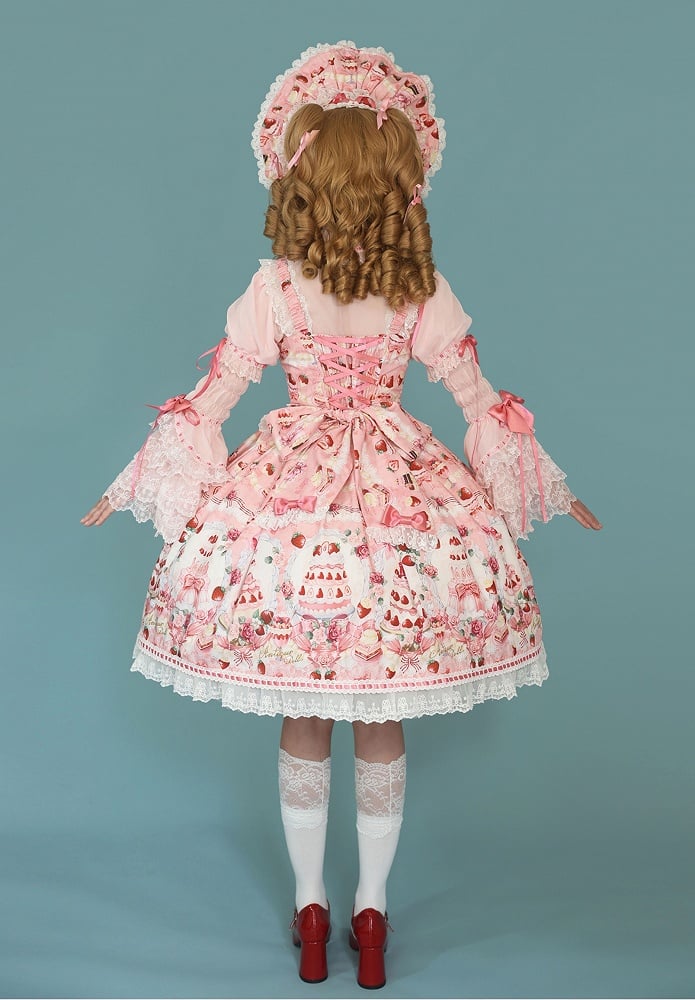 Strawberry and Desserts Print Pink Sweet Bow Accents Lolita JSK / Full Set