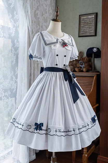 Ivory Navy Stripe Ruffled Embroidered Sweet Lolita Dress