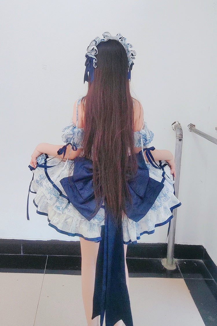 Blue White Sleeveless Multi-Layered Print Bowknot Fishbone Sweet Classic Chinese Style Lolita Jsk Short Dress