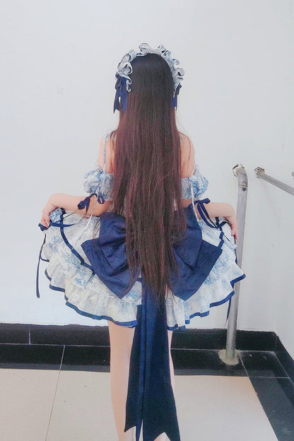 Blue White Sleeveless Multi-Layered Print Bowknot Fishbone Sweet Classic Chinese Style Lolita Jsk Short Dress