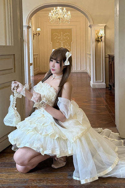 Mousse Love Song Off-Shoulder Sleeveless Triple-Layered Ruffled Hanayome Bow Sweet Elegant Ballet Lolita Short Dress Set in Beige