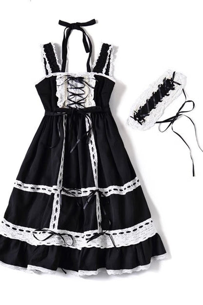 Black Antique Dolls Sweet Lolita Triple-Layered Bowknot JSK Dress