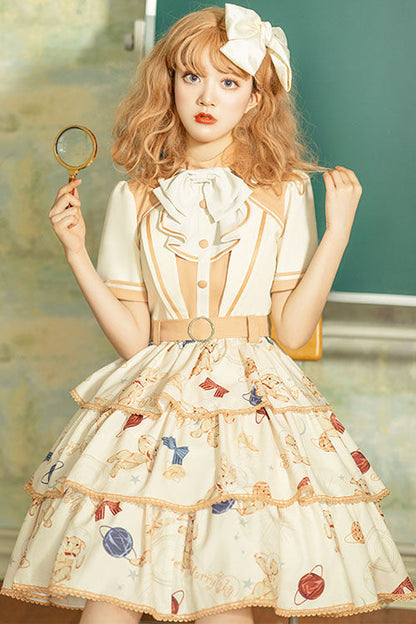 Astronaut Bunny Print Short-Sleeved Triple-Layer Sweet OP Dress