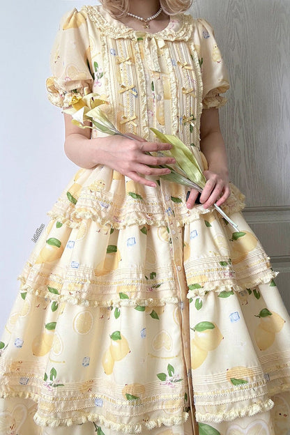 Lemon Chicken Short Sleeve Triple Layer Print Ruffle Bow Lace Gorgeous Lolita Gown in Yellow