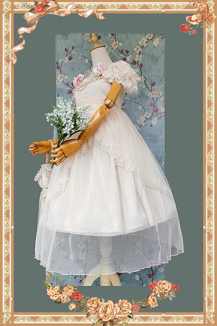 Apricot Polka Dot Asymmetric Ruffle Bow Lolita Dress - Moon goddess *Mediana*